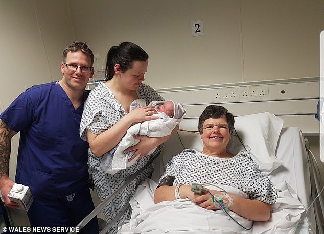 Emma Miles, 55, (right) was a surrogate for her own daughter, Tracey, and her husband, Adam, because Tracey had been born without a womb so couldn