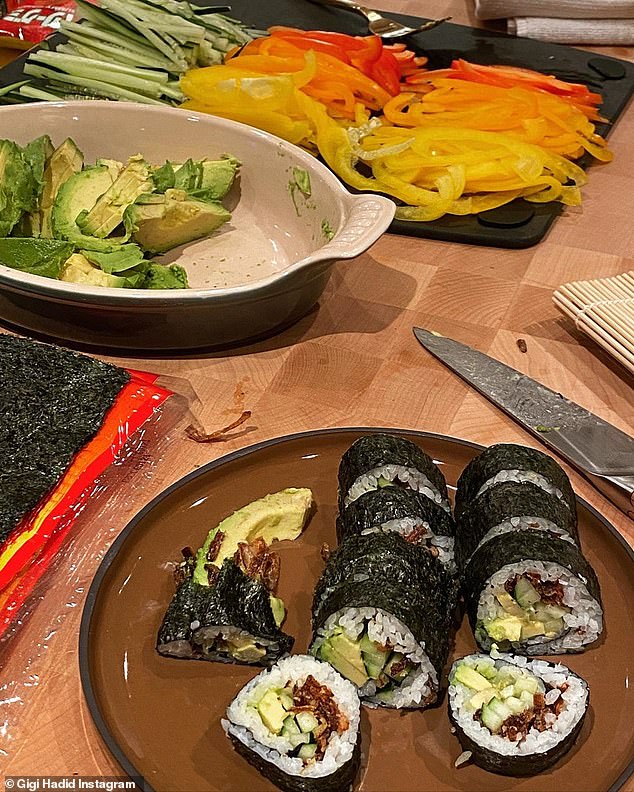 Creative! The supermodel found a way to get around the issue of not being allowed to eat raw fish during pregnancy and made vegetarian sushi rolls