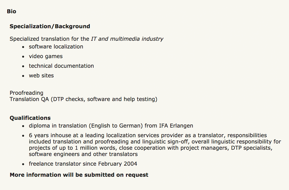 Неудачный профиль на «Прозэте»: темы указаны слишком широко, не перечислены конечные клиенты, список должностей ничего не говорит о квалификации переводчика