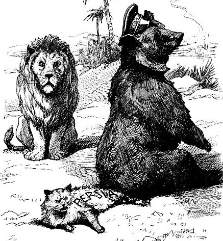 Карикатура конца 19 века. Россия (медведь) села на Персию (кота), за этим наблюдает Великобритания (лев)